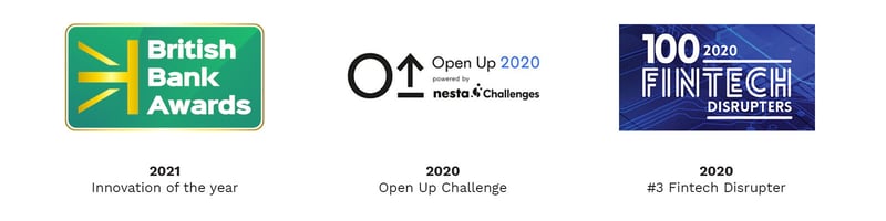 Finalists for the British Bank AwardS 2021, 2020 Open Up Challenge and 2020 100 Fintech Disrupters 